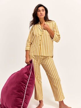 Parterre Remy Stripe Pajama Set Womens S Yellow Cotton Button Front Lounge Sleep
